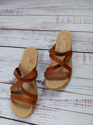 Crocs Aleigh Strappy Sandals Women's 10 Brown  Cork Wedge Heel Sandals Slip On 