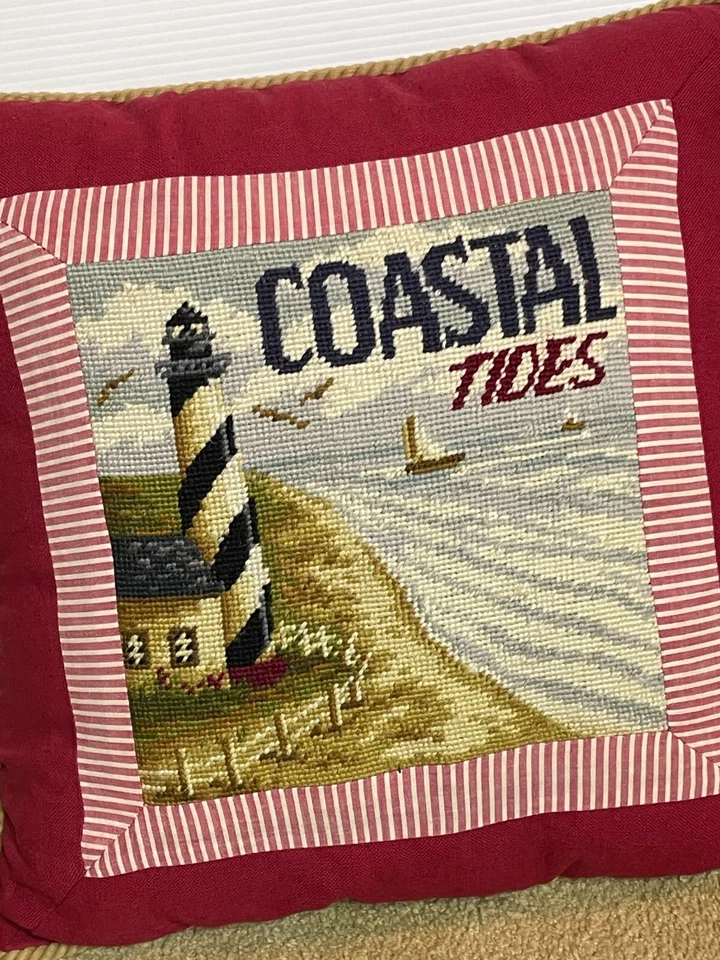 NEW Handmade Wool Needlepoint Throw Pillow Coastal Lighthouse Cover + Insert 18" - Image 2 of 4