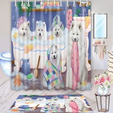 Halloween Samoyed Dog Bath Mat  Shower Curtain Combo Bathtub Curtain Screen Mat