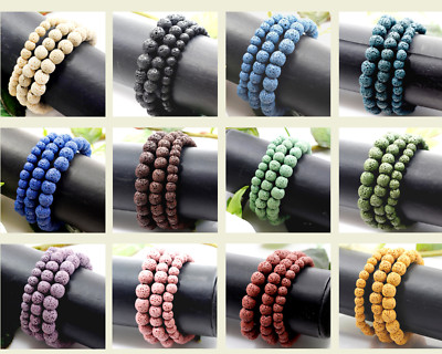 Men Lava Stretch Bracelet Round Bead Elastic 6mm 8mm 10mm Handmade 7.5'' black