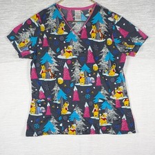 Disney Scrub Top Womens Medium Black Winnie the Pooh Christmas Short Sleeve Top