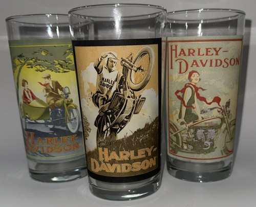 Vintage Harley-Davidson Pint Glass Set 3 Motorcycle Retro Graphics Collectibles