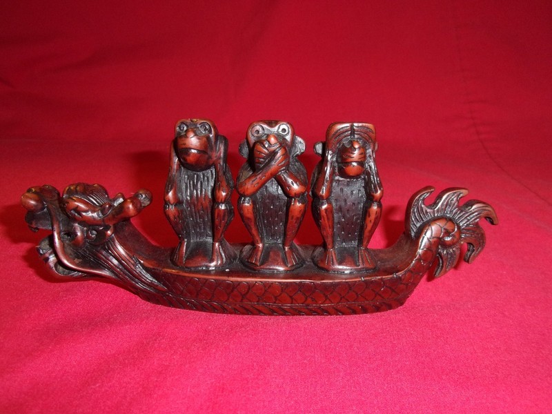 Vintage Red Resin See No Evil~Hear No Evil~Speak No Evil Monkeys on Dragon Boat