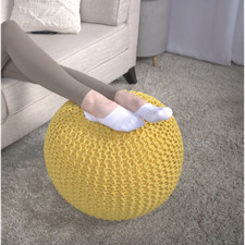 Yellow Cotton Knitted Round Pouf Ottoman Floor Cushion 20" x 20" x 12"