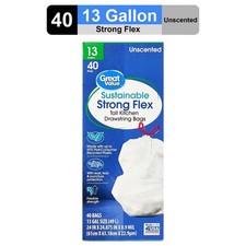 13-Gallon Drawstring Tall Kitchen Trash Bags, Sustainable Strong Flex, 40 Count