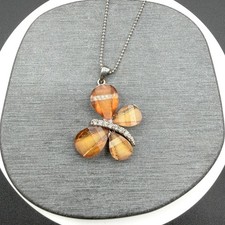 Amber Tone Peach Butterfly Pendant Necklace Rhinestone Crystal Silver Tone Chain