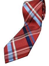 CLUB ROOM 100 Silk Skinny Tie Men's 61" Long Red White Blue Plaid Necktie NEW