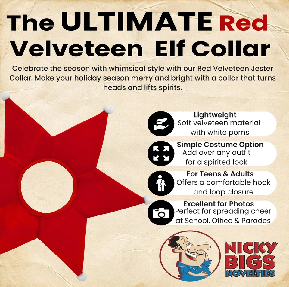 Cuello Bufón Pana Rojo Adulto Navidad Disfraz Accesorio Elfo Payaso Talla Única Foto 2 de 4