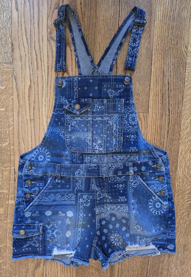 No Boundaries Shorts Bib Distressed Overall Denim Blue Bandana Pasley Sz L 11-13 - Image 2 of 4