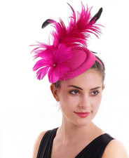 Fascinator for Women Hair Clip Hat Bowler Feather Flower C1-fuchsia Feather