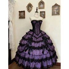 Purple Strapless Ball Gown Lace Corset Bodice Bow Adorned Full Skirt EveningGown