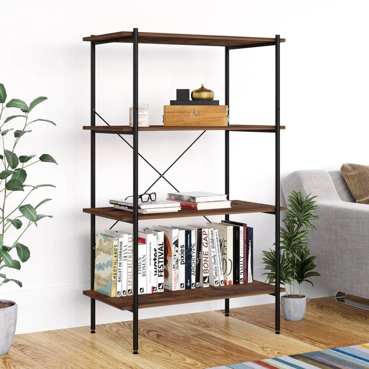 4 Tier Shelving Unit Black and Dark Wood 80x40x130 W6Z8 eBay
