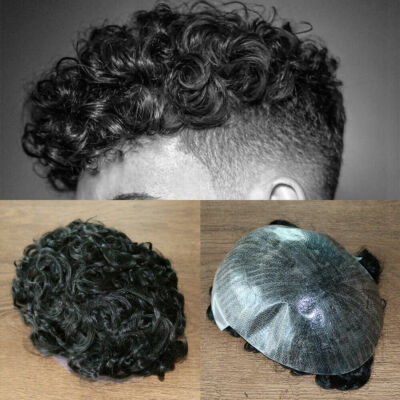 20mm Curly Toupee Men Hairpiece Skin Base Human Hair Wave Hair Unit Black  Wig