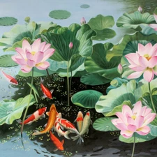 Home Decor Flower Lotus Feng Shui Koi Fish Painting Wall Art Printed on Canvas