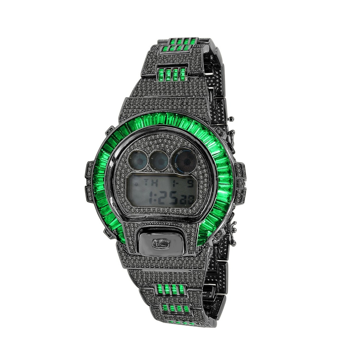 Icy Authentic Green Emerald Baguettes On Black Gold Casio G-Shock