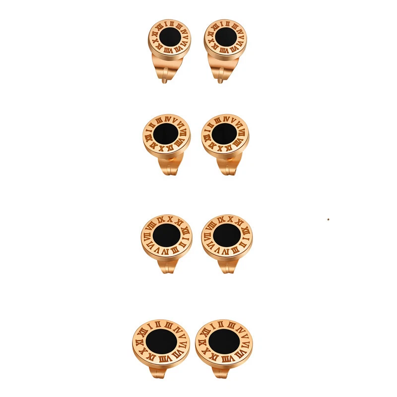 Pendientes 8 piezas Números Romanos Ónix Negro Redondos Titanio Acero Inoxidable Foto 3 de 4