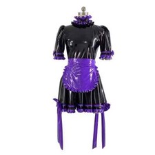 PVC Leather Sweet Maid Dress Womens Ruffles High Collar French Cosplay Uniform