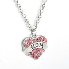 Pink Rhinstone Heart Mom Mother Love Pendant Necklace USA SELLER 6-3
