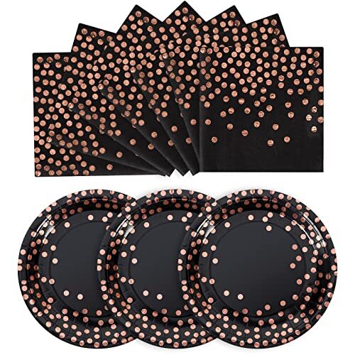 CENLBJ Black and Rose Gold Paper Plates 100 Pack 50 x 9 Dinner Plates