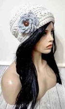 crochet womans handmade flower hat beanie fog gray puffs new