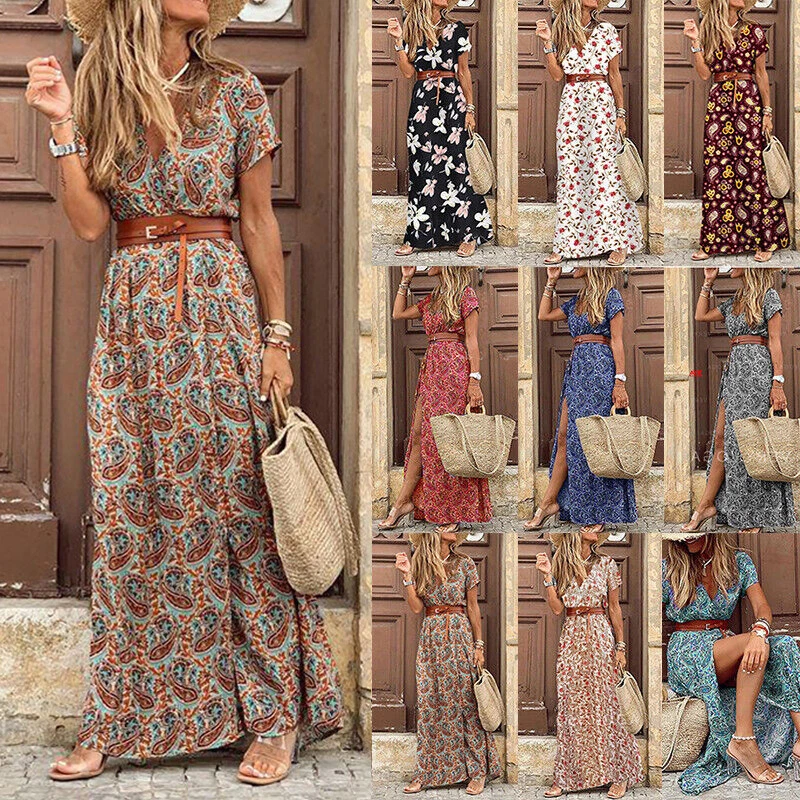 Womenu0026#039;s Holiday Boho Dress Party Summer Beach Long Maxi Belted Dresses  Plus Size | eBay