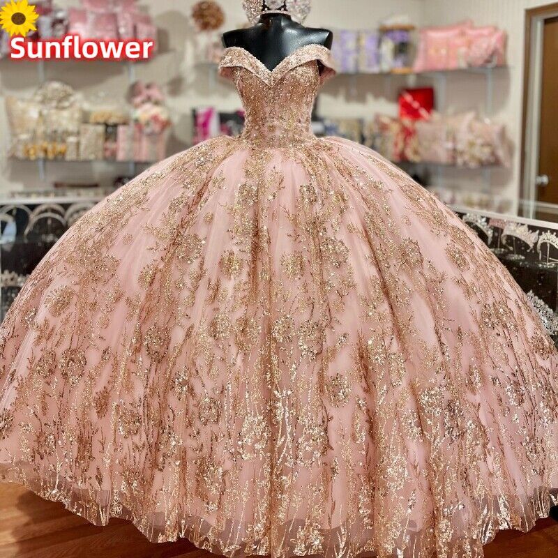 Pink Princess Quinceanera Dresses Luxury Gold Applique Party Ball Gowns  Sweet 15 | eBay