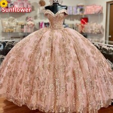 Pink Princess Quinceanera Dresses Luxury Gold Applique Party Ball Gowns Sweet 15