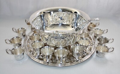 Antique Silver Plate 27-Piece Punch Bowl Set 24 Cups, Tray, Ladle