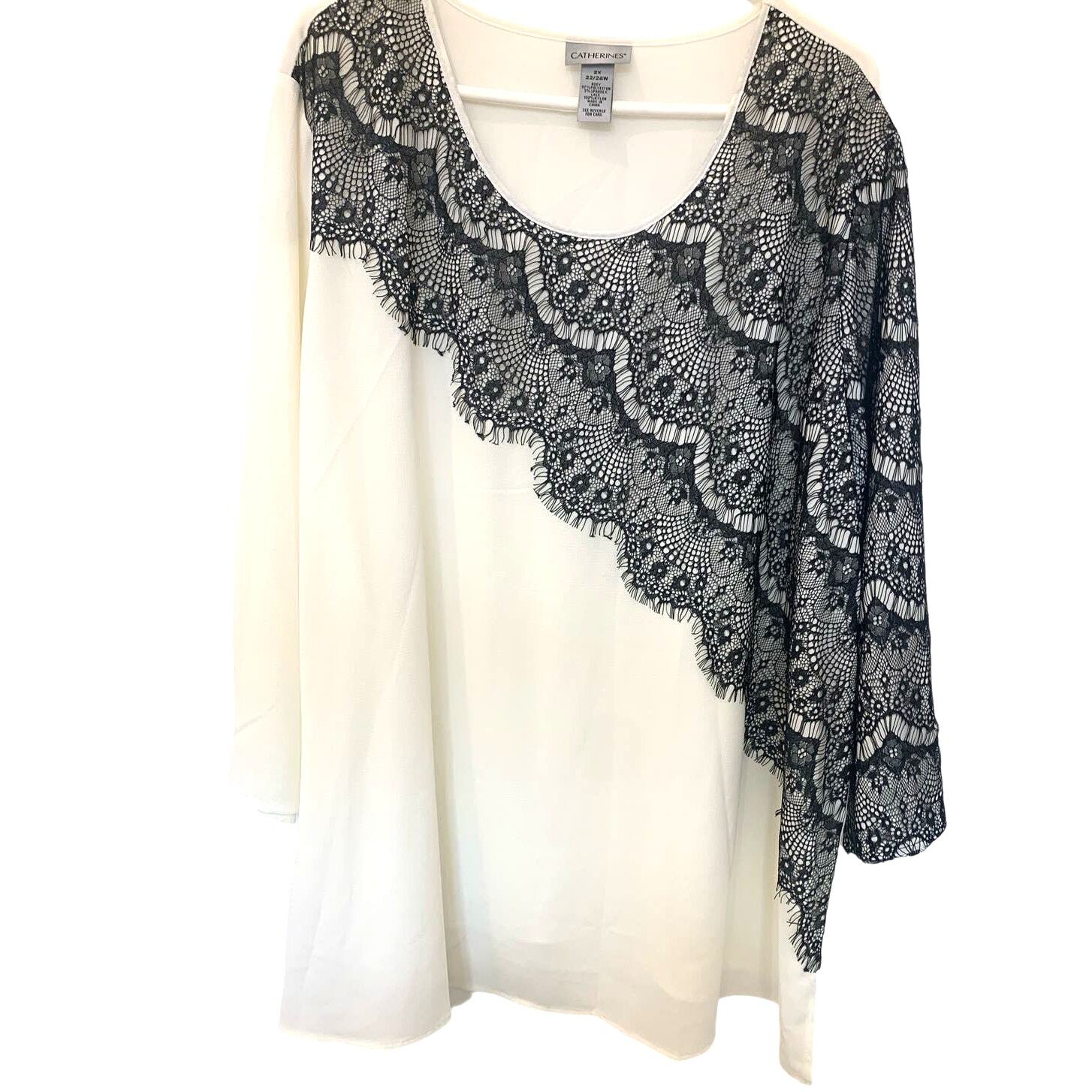 Catherine's Long Top 2X Ivory Crepe Blouse Black Lace Pullover Elegant Classic
