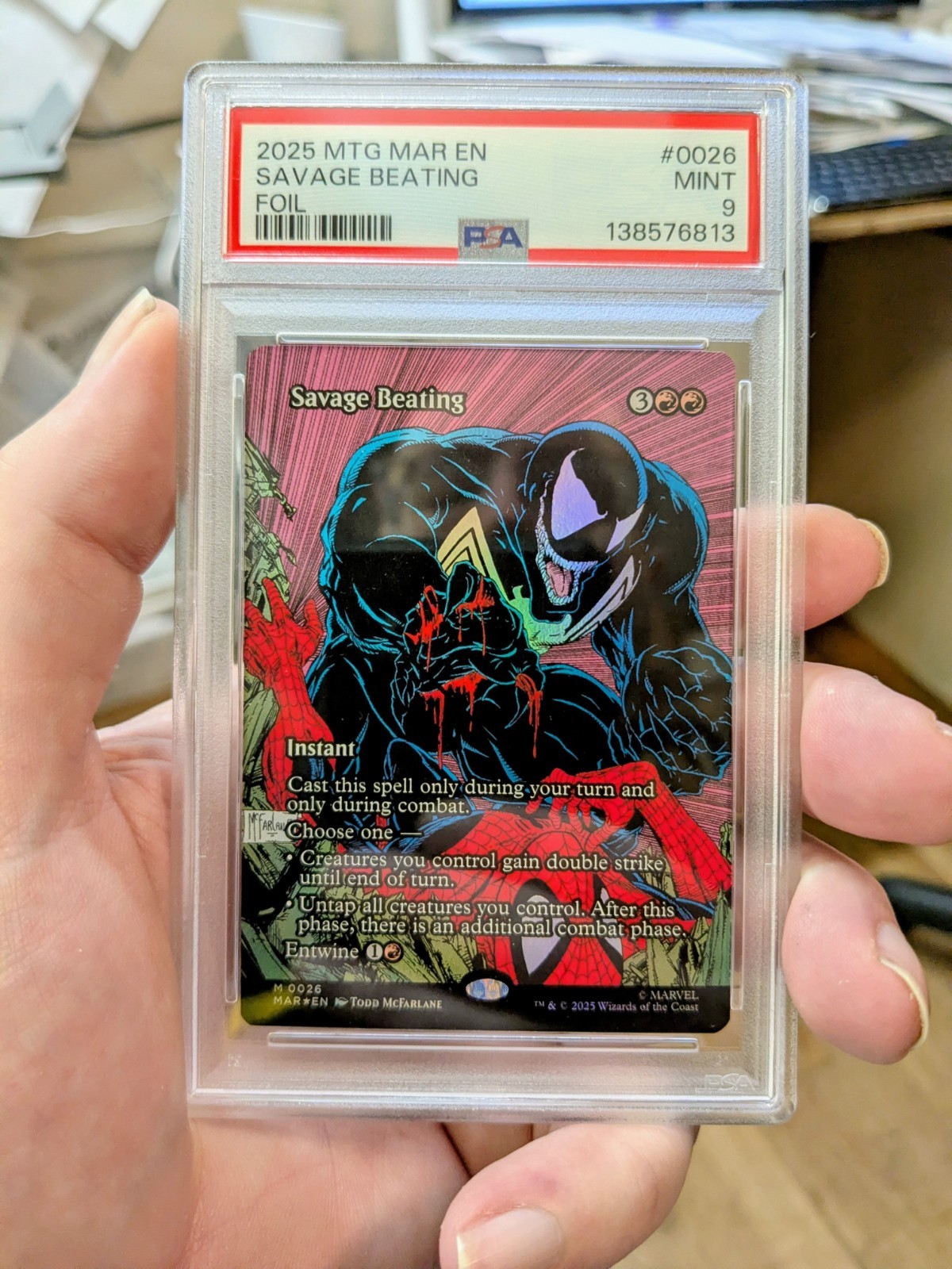 MTG MARVEL SPIDER-MAN FOIL Savage Beating PSA GRADE 9 view 1