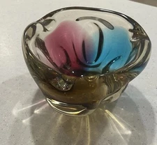 Vintage Mid Century Japanese Sanyu Art Glass Colorful Chunky Cigar Ashtray 