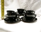 Black Glass Cup And Saucer From Depression Glass . Art Deco Style. 5 Sets.