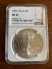 1996 Eagle S$1 MS69 American Eagle 1oz Fine Silver One Dollar Coin NGC Certified