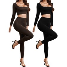 High-Waisted 2-Piece Workout Set Women's Long Sleeve Top  Leggings for Yoga/Gym