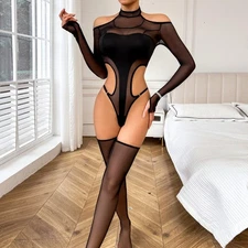 Sexy Underwear Perspective Half High Collar Tight jumpsuit Silk Socks