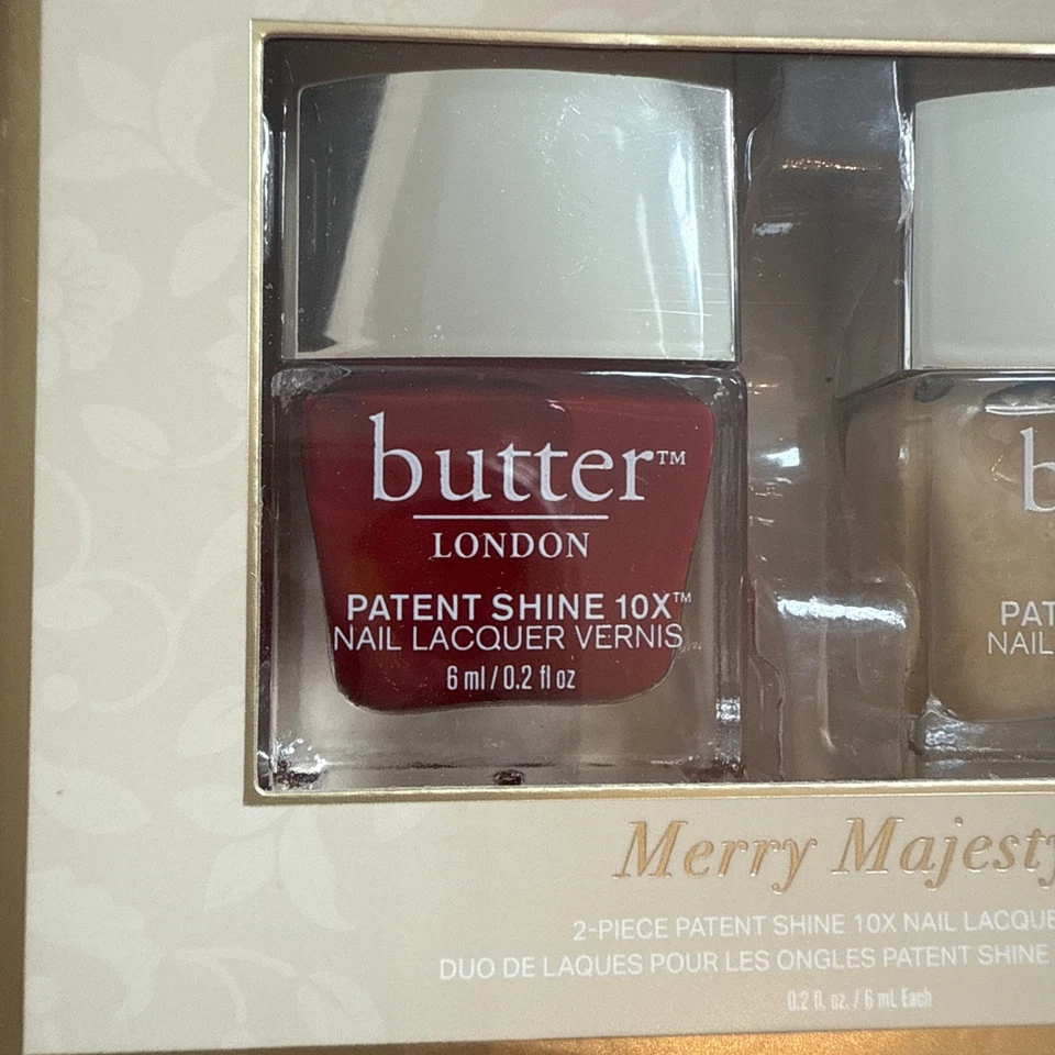 Paquete de 2 esmaltes de uñas Butter London Patent Shine Merry Majesty rojo crema dorado Foto 4 de 4