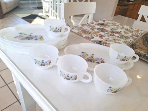 Vintage Federal Milk Glass Snack Plate & Cup Set 5 "Chalet" 1950's MCM