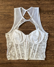 White Lace Mesh Corset Top for Women Crossback Underwire Floral Pattern