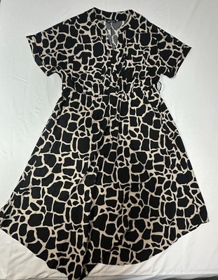 BloomChic Dress Womens US 12 Black Tan Giraffe Print Button Front Midi Dress