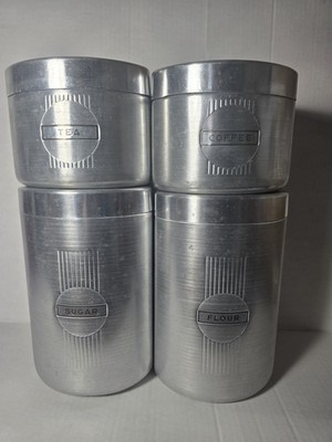 4 Pc Vintage Kromex Spun Sugar Flour Coffee Tea Aluminum Canister Set