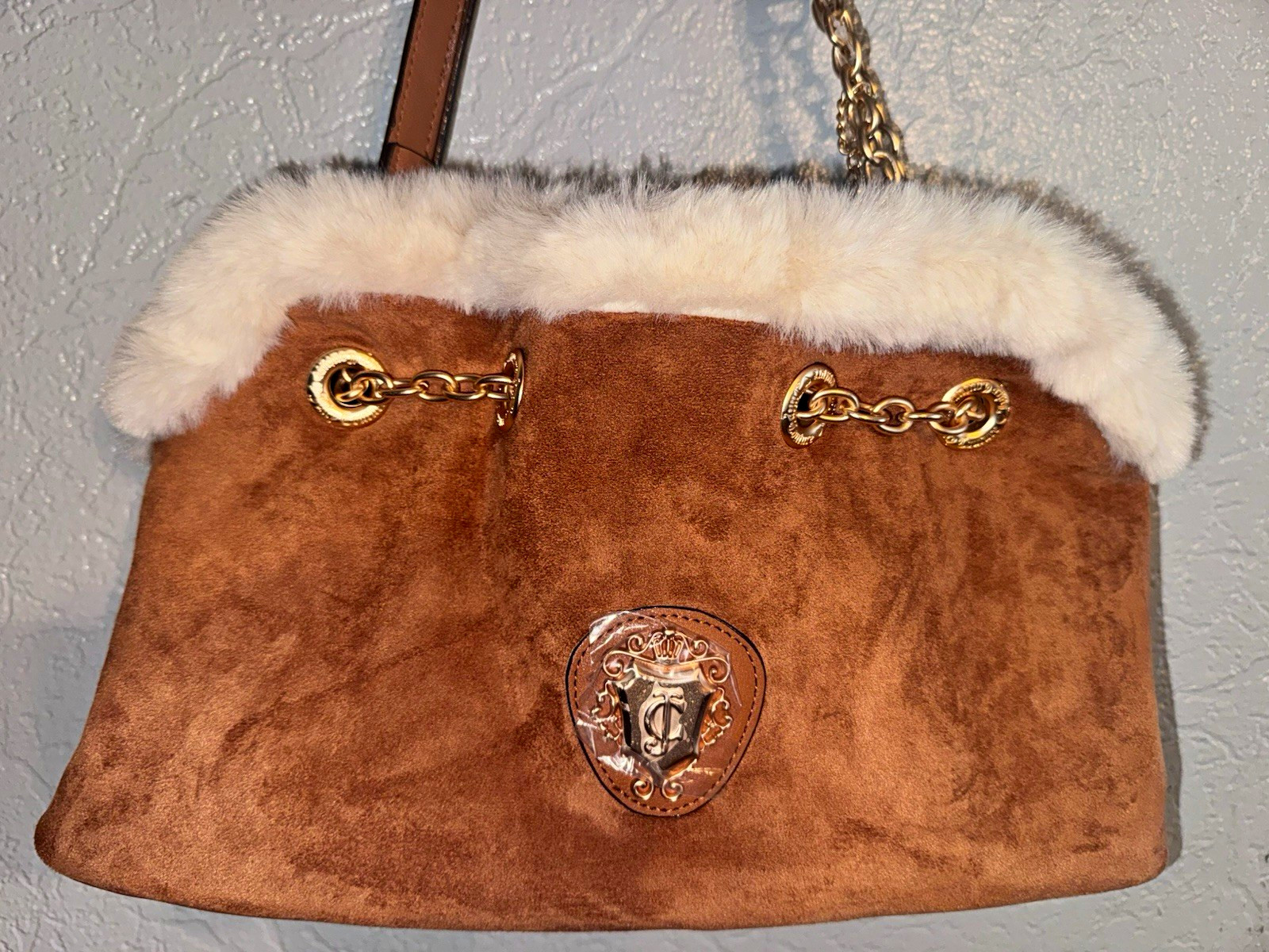 Juicy Couture Brown Shoulder Bag Faux Fur Trim Chain Strap Logo Charm Gold