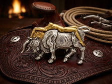 Western Bull Cowboy Belt Buckle Antique Silver Gold Tone Rodeo Fits 1-1/2" Belt
