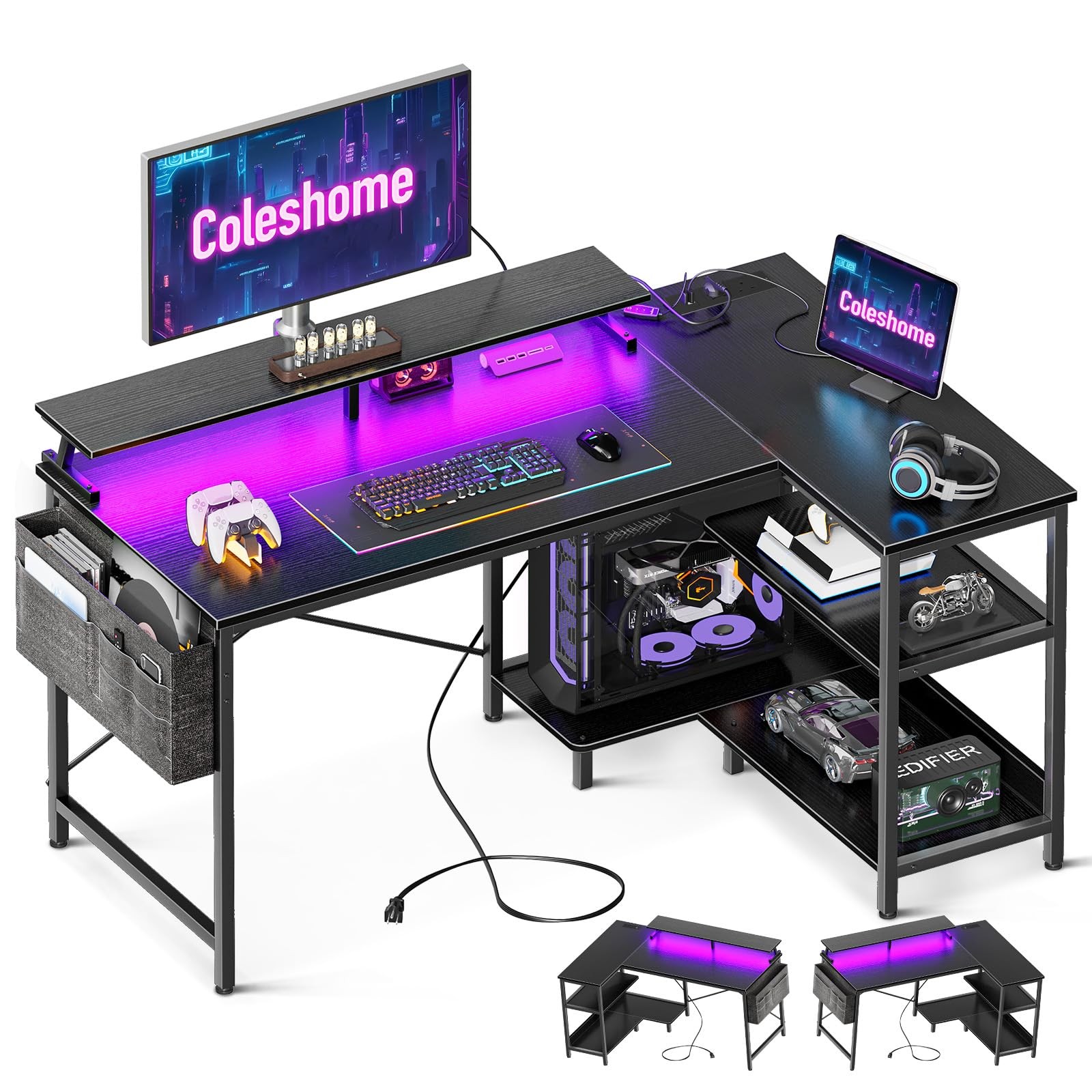 Coleshome L Shaped Gaming Desk LED Lights Black