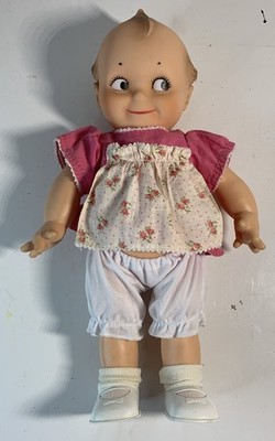 Vtg large Cameo Kewpie doll in red & white outfit with working squeaker 14  tall