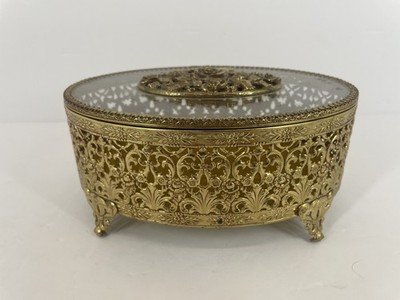 Vintage Ornate Gold Filigree Glass Top Trinket Vanity Jewelry Box Footed Hinged