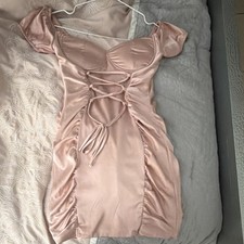 Pink Satin Ruched Lace-Up Sweetheart Puff Sleeve Bodycon Mini Dress