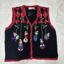 Vintage Christmas Sweater Vest 18w/20w Embroidered Elves White Stag 18 20 vtg