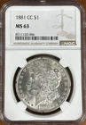 1881 CC Morgan Silver Dollar $1 Carson City Mint NGC Graded MS63 BU Uncirculated