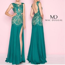 Mac Duggal 61041L Green Beaded Lace Cutout Formal Prom Floor Length Gown Size 6