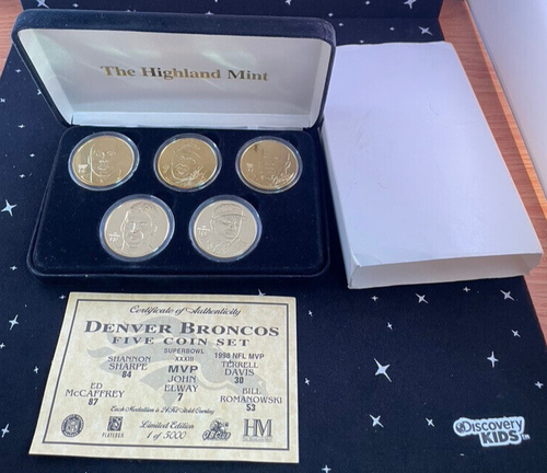 VTG Denver Broncos 5 Coin Set 24K Gold Overlay Ltd 5000 The Highland Mint - Picture 12 of 21